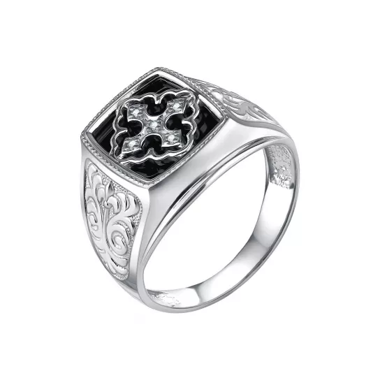 Кольцо-печатка с фианитом и эмалью из серебра