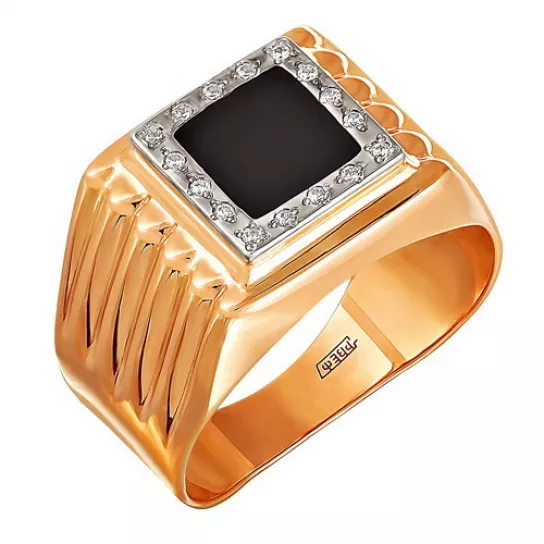 Кольцо-печатка с фианитом и эмалью из золота